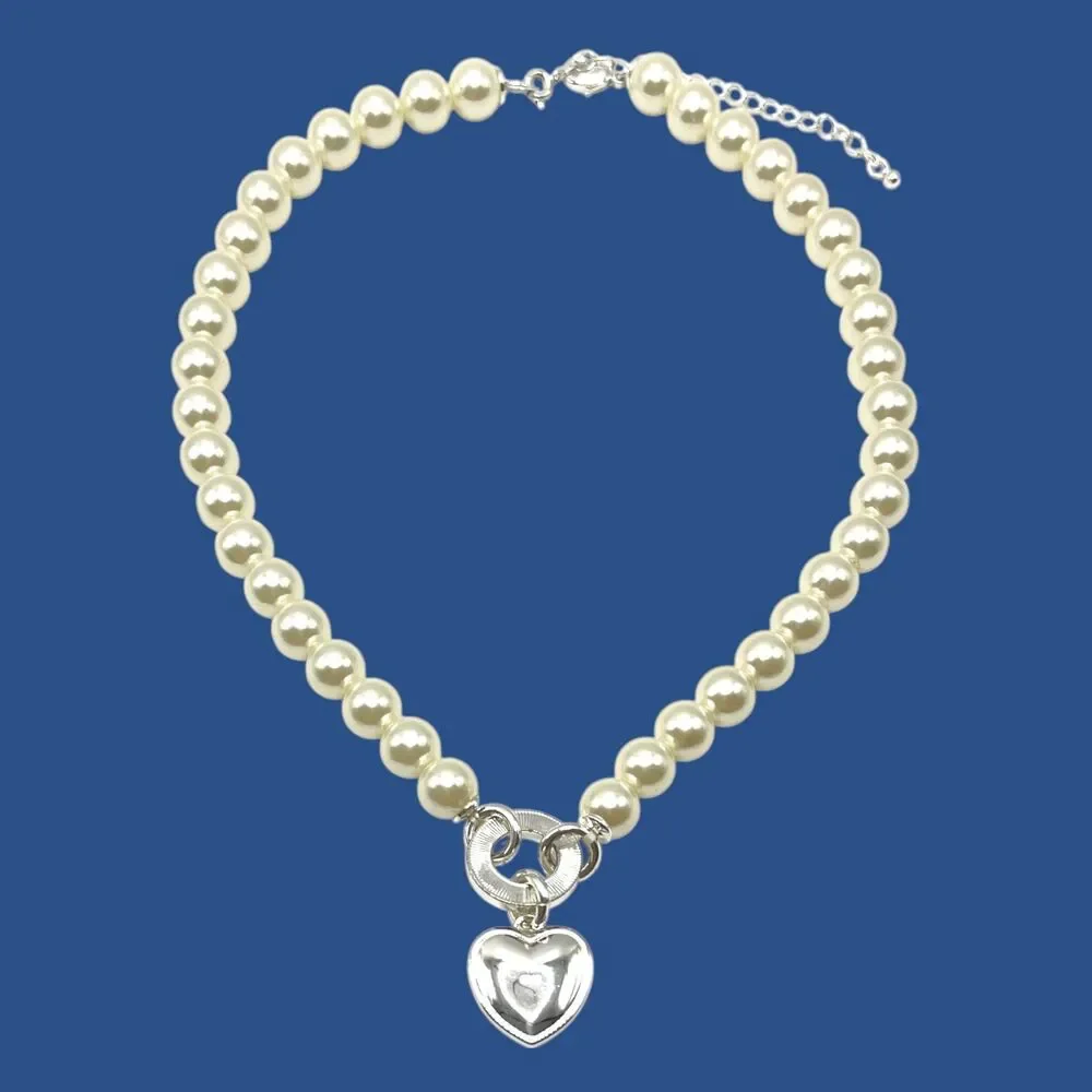 Avon Heart Pendant Necklace Silver Tone Pave Rhinestone Imitation Pearl Gloria